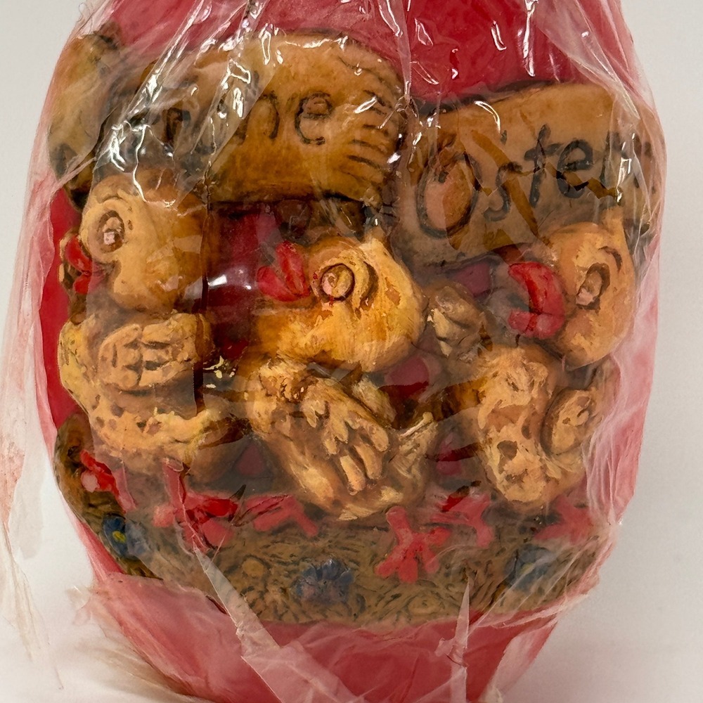Vintage German Handarbeit Frohe Ostern Red Easter Egg Candle 3D Chicks 5" Kitsch